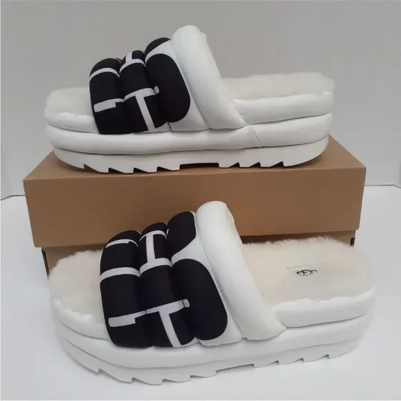 NWT Ugg maxi slide logo quilted puff platform slipper sandals white black retro - Picture 9 of 13
